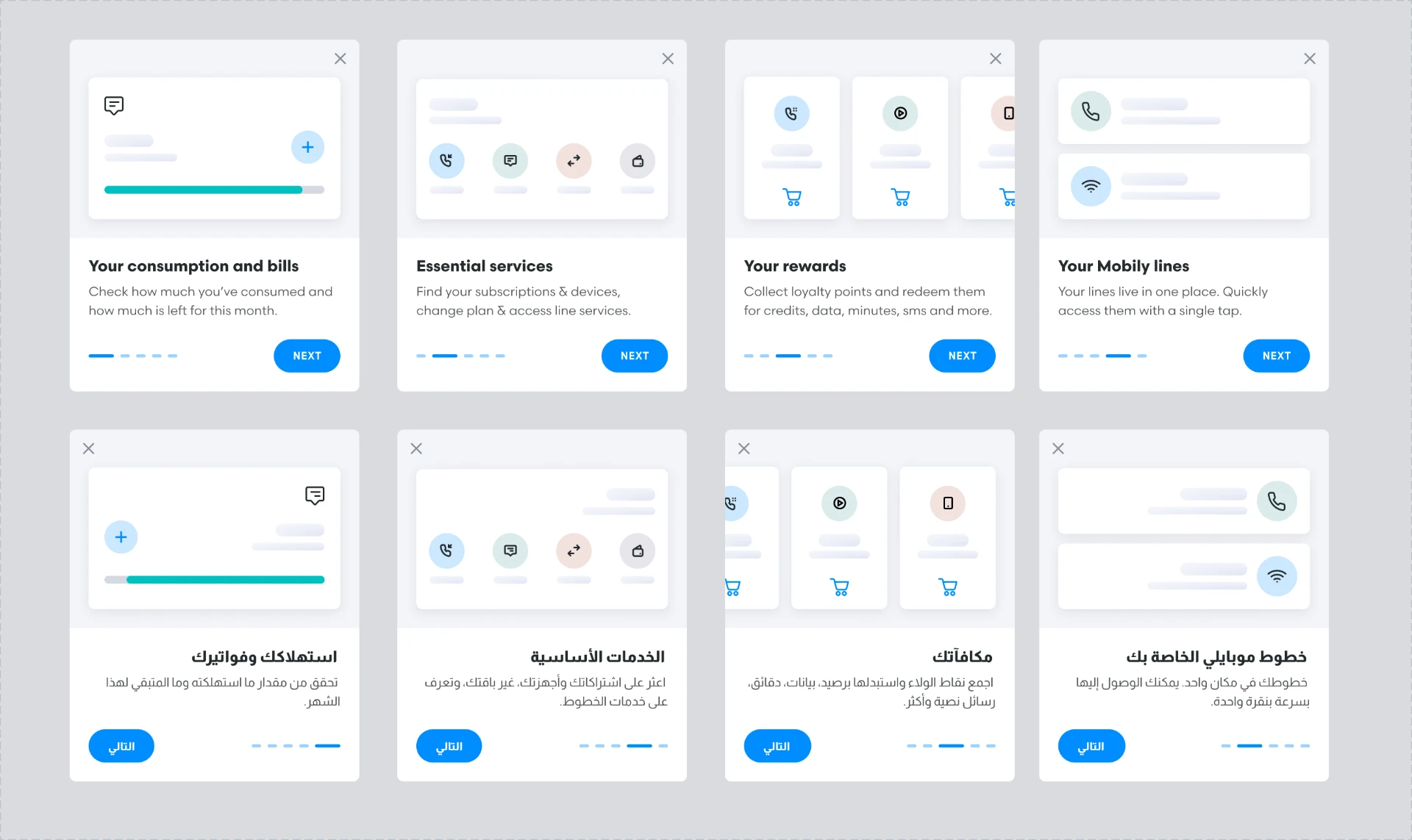 Mobily design system components showing English and Arabic RTL localization side by side