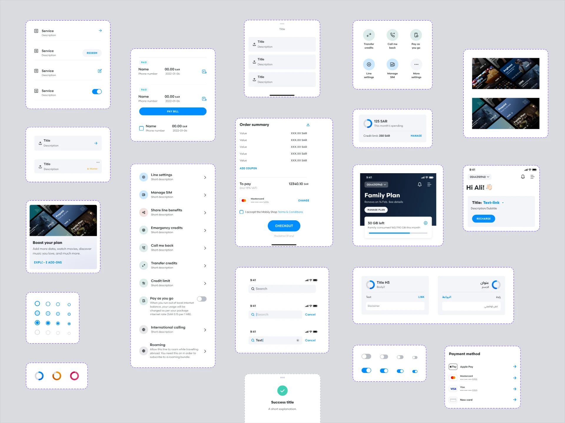 Mobily design system components laid out across Atomic Design levels